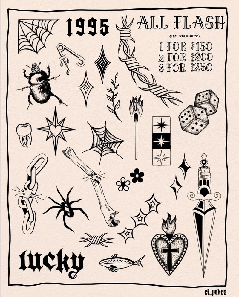 Flash sheet: black designs including webs, a beetle, barbed wire, dice, a dagger, a flaming heart, a broken chain and bone, and the lettering 1995 and lucky. Printed offer: size depending, 1 for $150, 2 for $200, 3 for $250